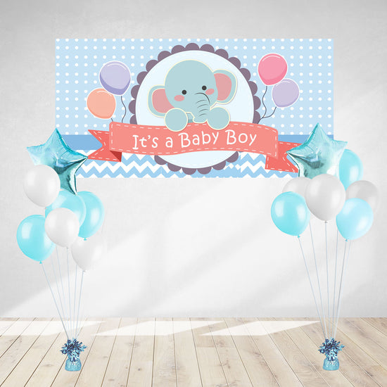 Load image into Gallery viewer, Baby Boy Elephant banner and balloon bundle.
