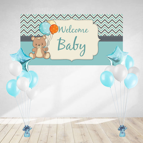 Blue banner and balloons set for decorating the party to celebrate the arrival of the sweet baby boy.