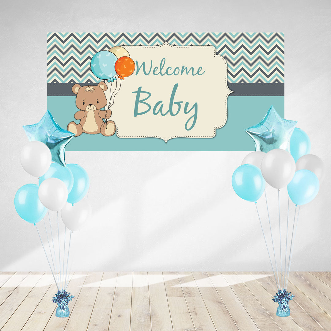 Blue banner and balloons set for decorating the party to celebrate the arrival of the sweet baby boy.