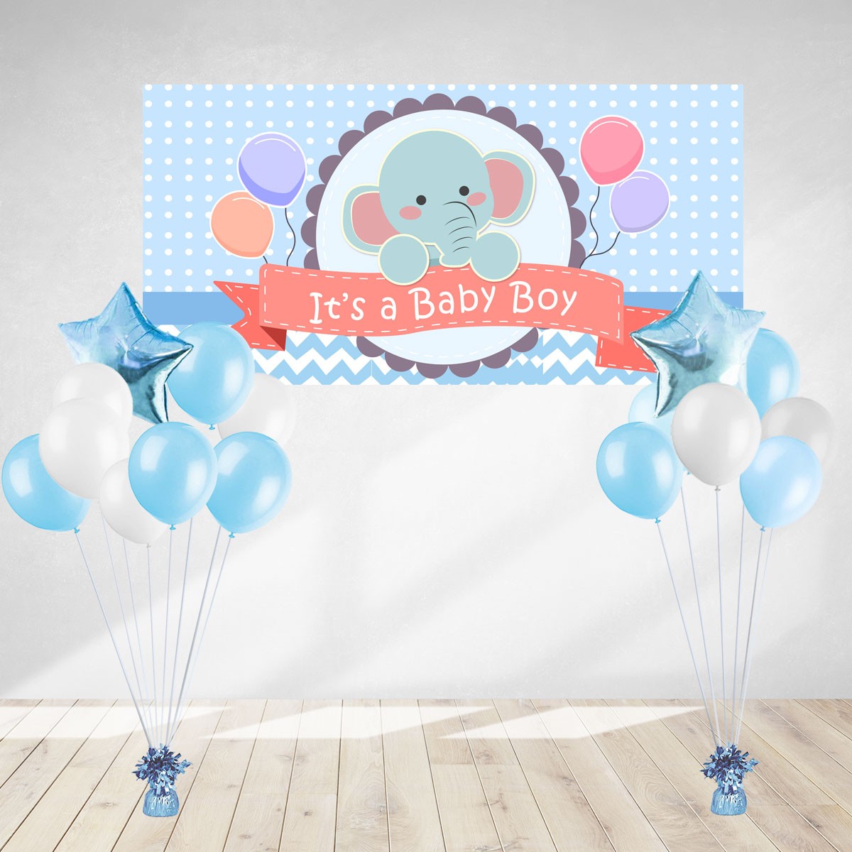 Load image into Gallery viewer, Lovely and adorable baby elephant poster banner for your birthday cake table backdrop. Lovely in pastel blue polkadots, it certainly helps to make cake cutting photos a lot nicer! . 
