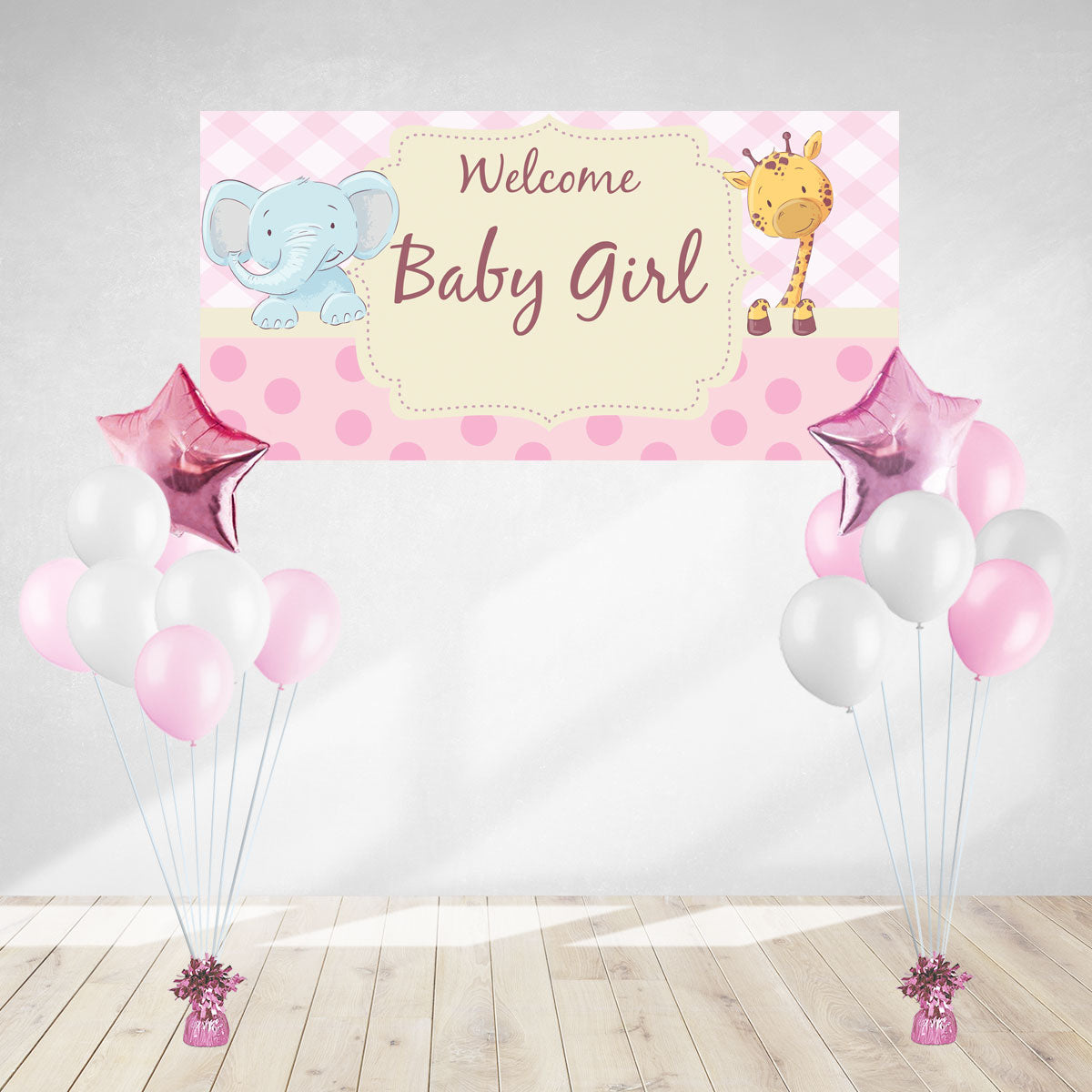 Cute Giraffe and Elephant banner for the welcome baby girl party. Comes with 2 sets of balloon bouquets.