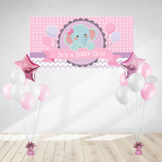 Load image into Gallery viewer, Pink banner and balloons set for decorating the party to celebrate the arrival of the sweet baby girl.
