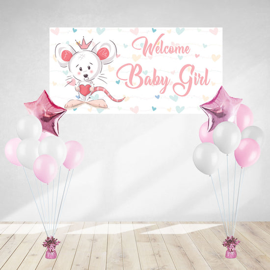 Welcome Baby Girl banner and balloon bundle to celebrate the arrival of your baby girl.
