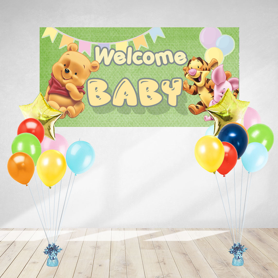 Welcome Baby Banner and Balloon Decoration set featuring Baby Pooh and Baby Tigger.