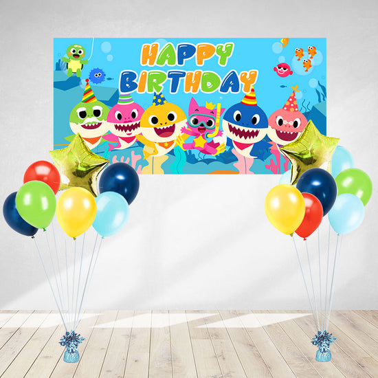 Load image into Gallery viewer, Baby Shark Banner and Balloons to celebrate your birthday in your favourite style!
