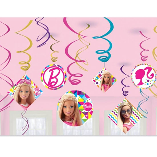 Load image into Gallery viewer, These Barbie Dangling Swirl Cutouts feature colorful images of Barbie and her classic icons. Bring lots of fun to your party area by hanging them over the dining tables or from mantels and doorways. Guests will love watching them spin in the air! 
