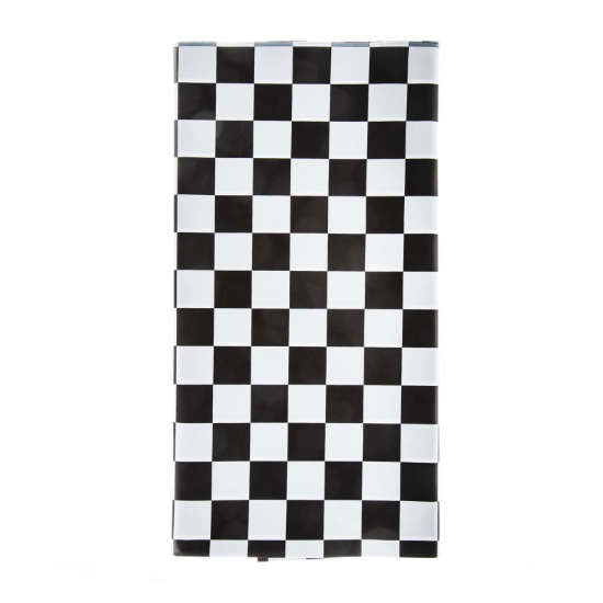 Checkered Black and White Plastic Table Cover for a racing themed birthday party decoration.