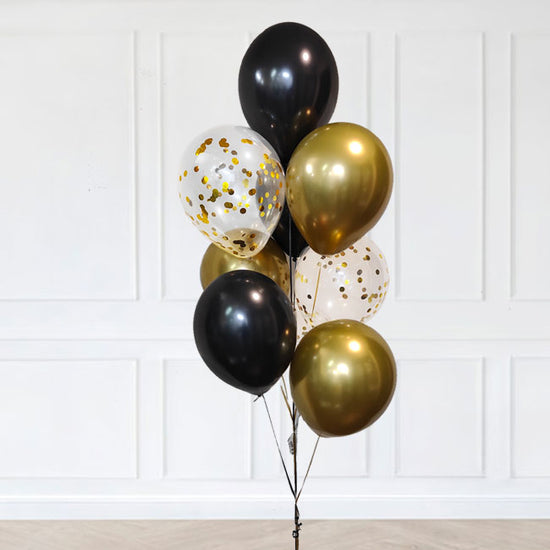 Load image into Gallery viewer, Black Gold Chrome and Confetti Balloon Bouquet.
