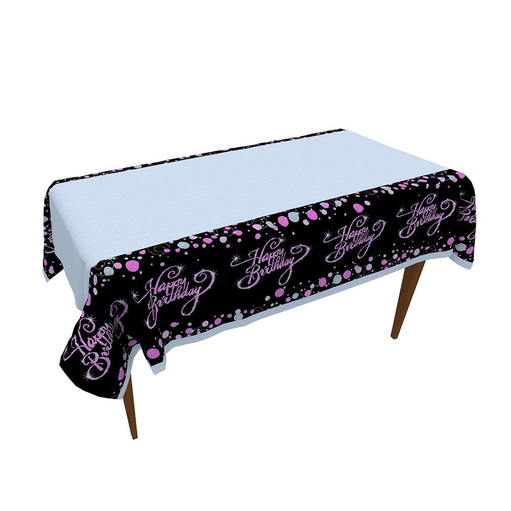 Hot pink glittery Happy Birthday sign over black table cover.