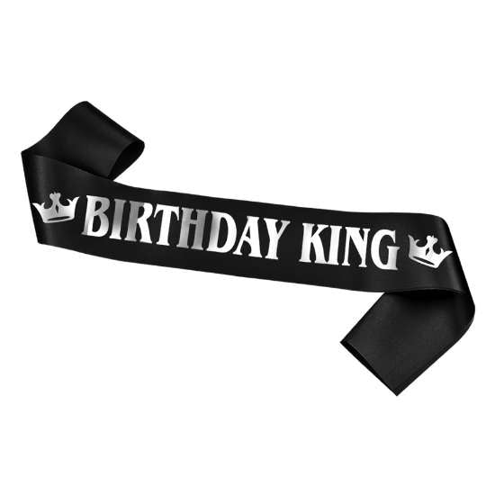 Black Birthday King Sash with silver glittery words.