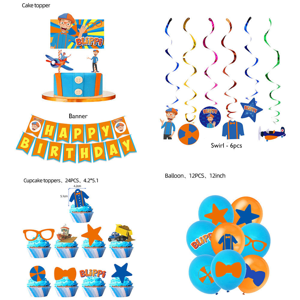 Load image into Gallery viewer, Blippi party kit includes banner, swirl, balloons and cake toppers.
