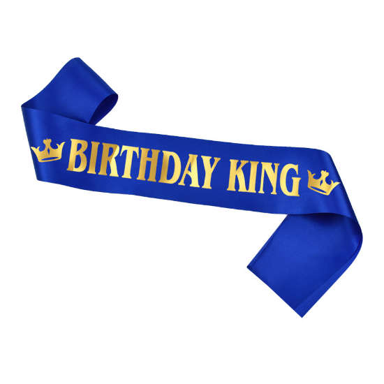 Birthday King Sash in Blue with glittery gold words.
