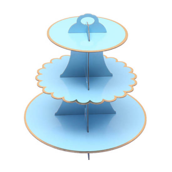 Blue cupcake stand in 3 tiers and gold trimming.