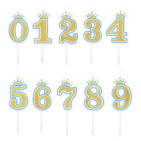 Blue Gold Crown Glitter Number Candles