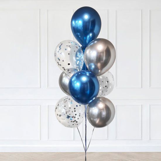 Blue Silver Confetti and Chrome Balloon Bouquet