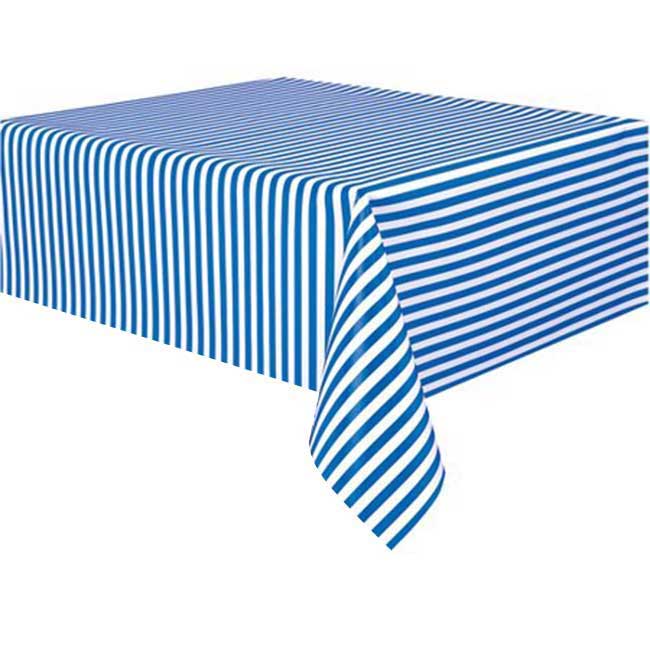True Blue Plastic Table Cover is a light vinyl drape that fits standard size rectangular tables. Striped design makes the colour more outstanding. 