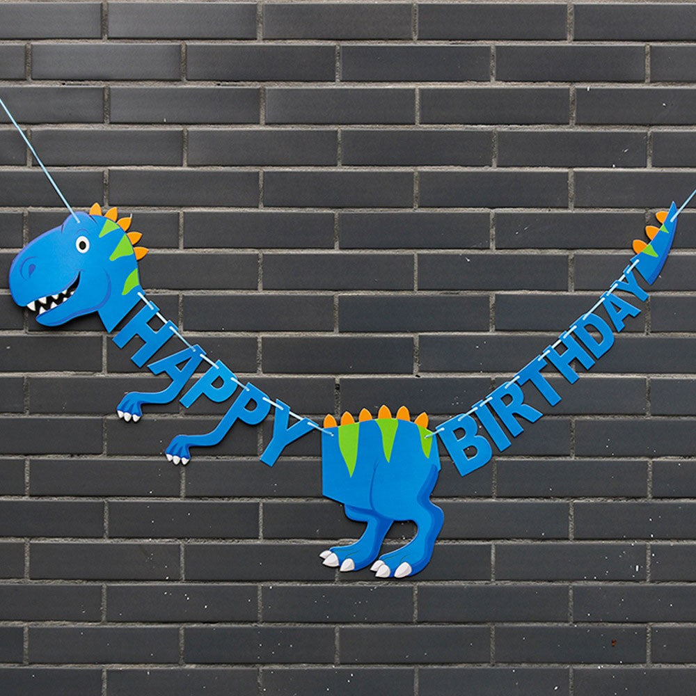 Blue Tyrannosaurus Shaped "Happy Birthday" banner for a dinosaur theme party  Measures about 2.5m long