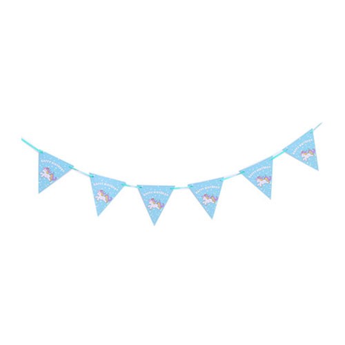 Load image into Gallery viewer, Blue unicorn party flag banner for a great birthday party decoration!
