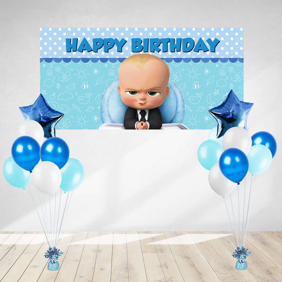 Load image into Gallery viewer, Boss Baby Happy Birthday Poster Banner and 2 sets of brightly coloured helium balloon bouquet. Easy to setup party decoration especially for a home party with family and friends
