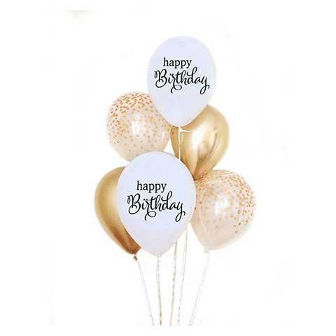Happy Birthday Balloon bouquets with gold chrome balloons and confetti balloons.