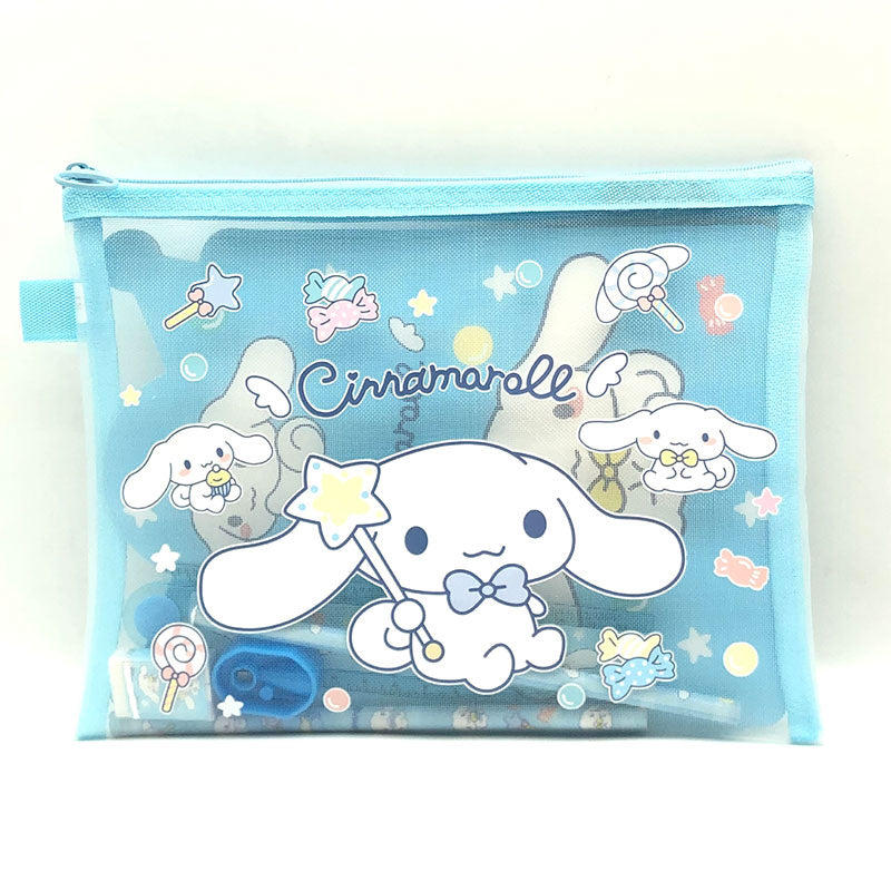 Sweet Cinnamoroll design pencil case with matching pencils and stationery inside.