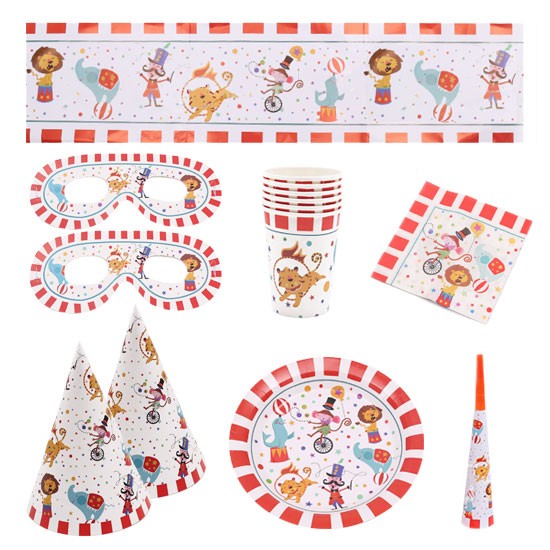 Load image into Gallery viewer, Circus themed party set for 6 kids. Banner, plates, cups, table cover and party favours included.
