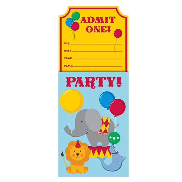 Load image into Gallery viewer, Vertical Pop-Up Invitations feature a light blue ticket holder with a playful circus elephant, seal, lion, balloons and the word &amp;quot;Party!&amp;quot; A yellow ticket pop-ups up reading &amp;quot;Admit One&amp;quot; with four colorful balloons and has pre-printed lines ready for you to fill in all the details of your event. 
