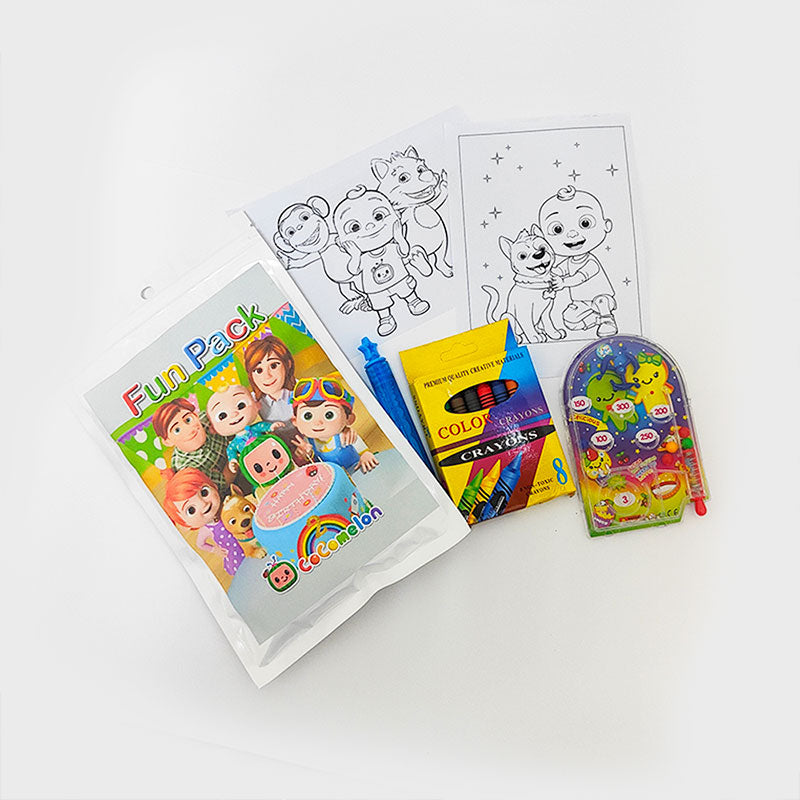 Load image into Gallery viewer, Full of fun toys and colouring party activities in this Cocomelon goodie bag.
