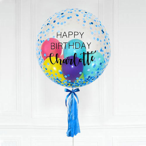 Load image into Gallery viewer, Blue Confetti Printed on Bubble Balloon with Customised Message for the gift recipient.
