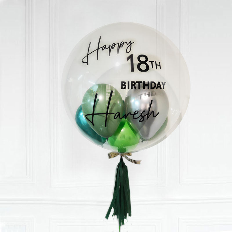 Customised 18th Birthday Bubble Balloon with tones of green and chrome silver 5 inch balloons.
