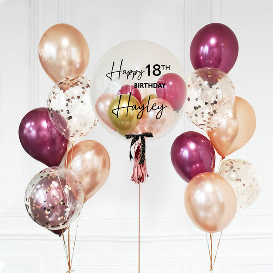 Customised Bubble Balloon for a special birthday greeting. Popular Colours like Rose Gold and Burgundy makes a delightful combination!
