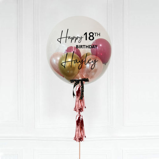 Load image into Gallery viewer, Customised balloon to celebrate the opening of the cafe. You can do it for a birthday gift, baby shower celebration or even a marriage proposal.Customised Bubble Balloon with Double Tassels
