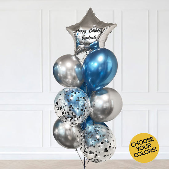 Load image into Gallery viewer, Foil star balloon with customisation and enhanced with a bundle of chrome and confetti balloons.
