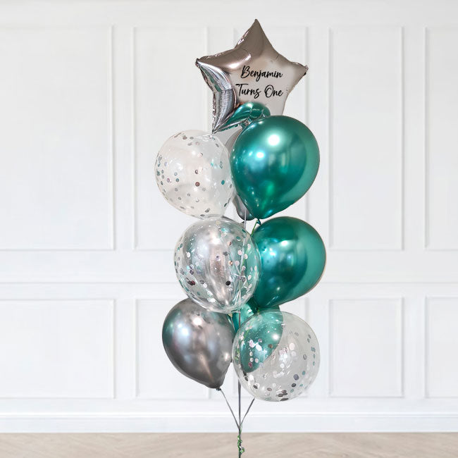 Load image into Gallery viewer, Gold star with customised name and message with chrome and confetti balloons.
