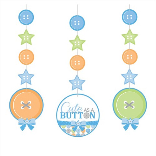 Load image into Gallery viewer, Decorate your party with this soft pastel coloured Cute As Button Baby Shower hanging decoration kit to celebrate the arrival of your newborn baby. 
