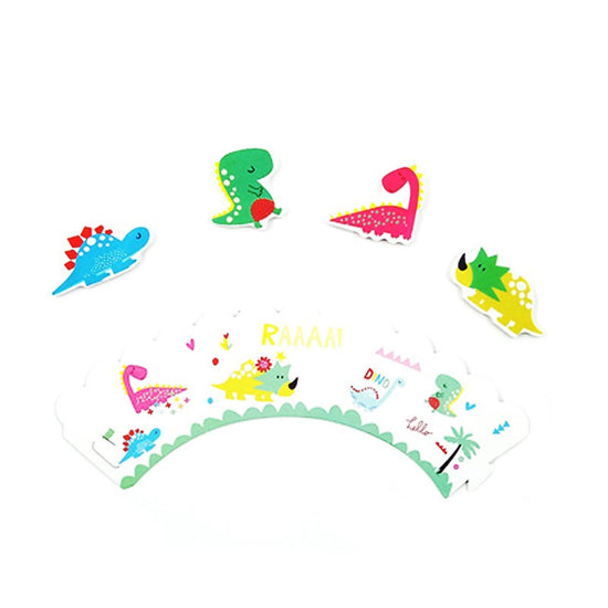 Package includes 12 paper cupcake wrappers and toppers in cute Cute Dinosaur shapes.