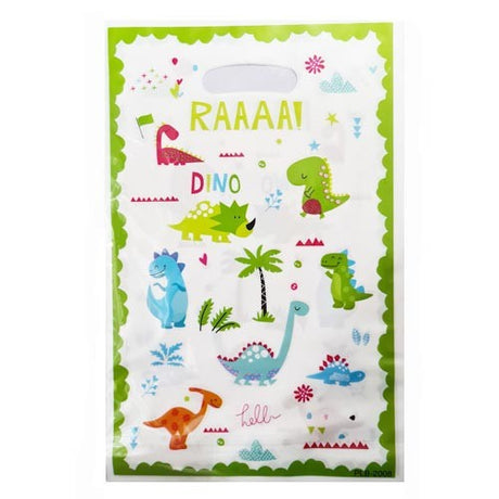 Package includes 10 Cute Dinosaur themed treat bags for goody packs to match your party theme.