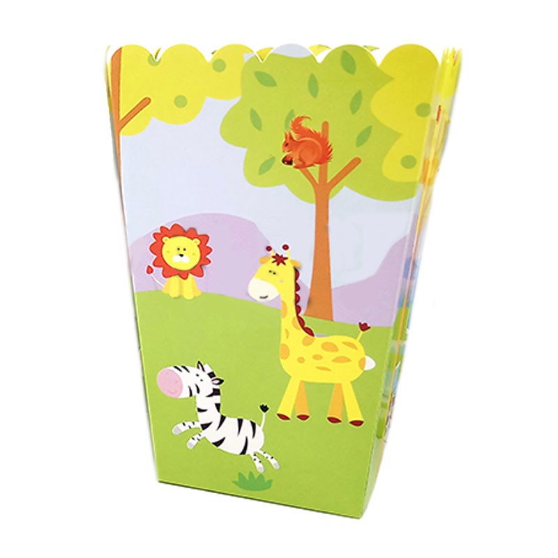 Delightful Cute Jungle Animal theme party supplies for your child's safari first birthday party or a jungle theme baby shower Pack sweet yummy popcorn for your guests in these matching cute jungle animal popcorn boxes. 