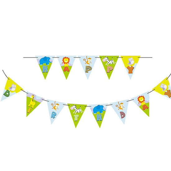 Decorate your birthday backdrop with a bright and lively cute jungle themed jointed banner.