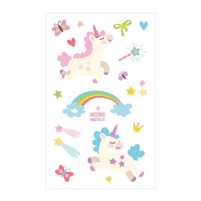 Cute Unicorns Birthday party temporary tattoos. Great party favors for a Cute Unicorns themed party. Give these non-toxic Cute Unicorns Tattoos away as party favors and prizes at your unicorn birthday party! 