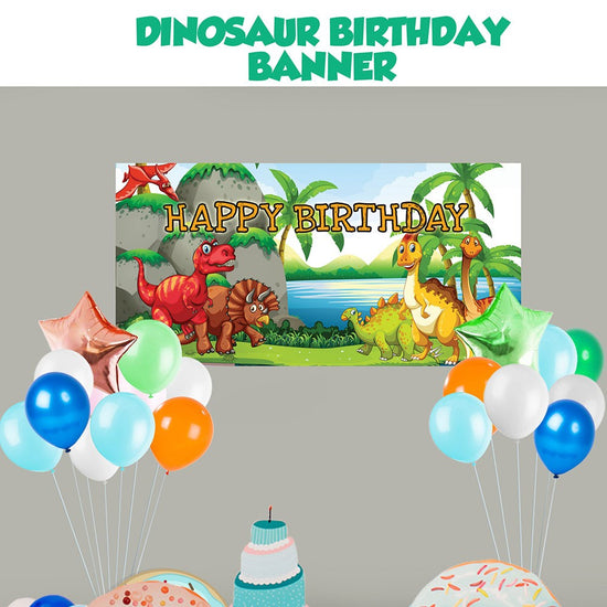 Load image into Gallery viewer, Dinosaur poster banner for your child&amp;#39;s dinosaur themed birthday party decoration.
