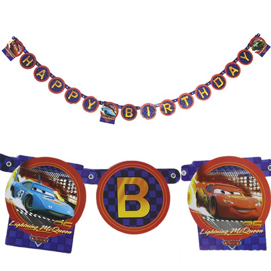 Fun and cool Disney Cars Jointed Banner with "Happy Birthday" and featuring the main characters of Disney Cars.