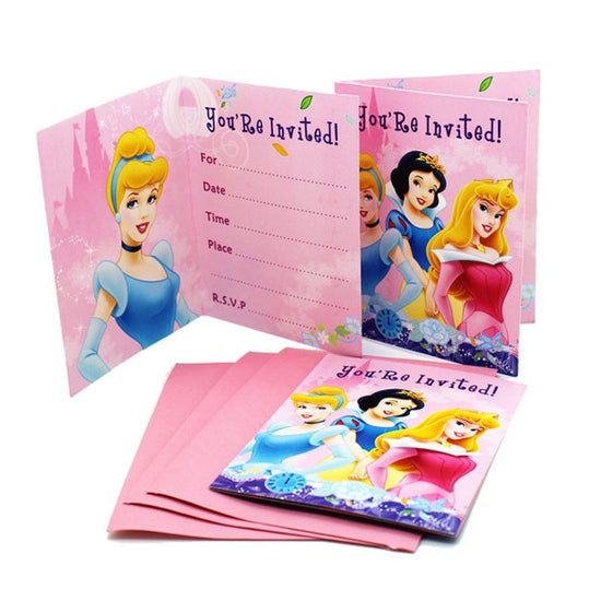 Load image into Gallery viewer, Princesses Party invitation cards to invite your little guest to you party. Snow White, Cinderella, Aurora and Belle celebrating birthday.
