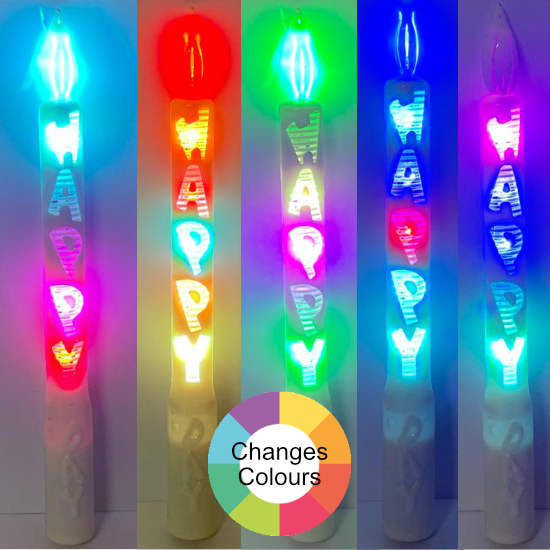The candle changes colours and with a Happy word.