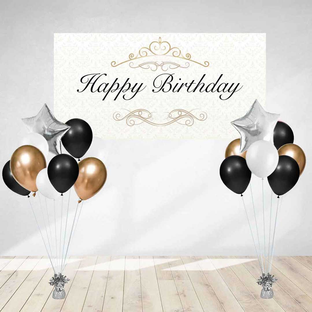 Ivory Classic themed birthday banner with elegant black cursive "Happy Birthday" words