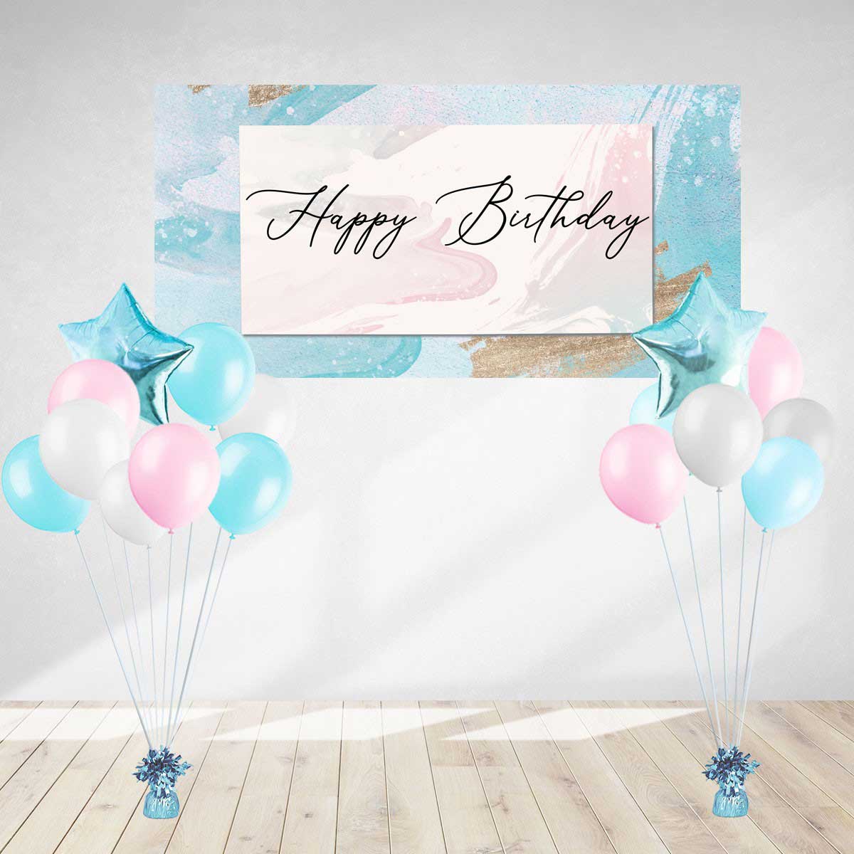 Elegant and classy birthday banner with cursive font setup with some lovely balloons for your birthday photo shoot.