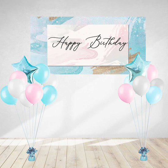 Elegant and classy birthday banner with cursive font setup with some lovely balloons for your birthday photo shoot.