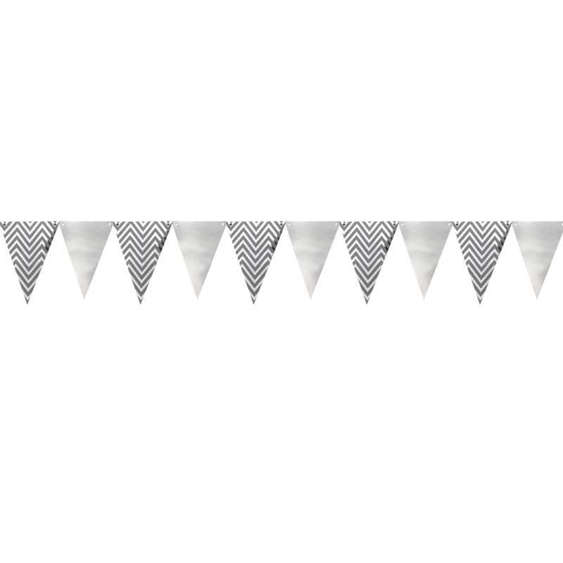 Alternate Silver Foil Chervon Flags and Silver Foil Flags hanging at the party venue.