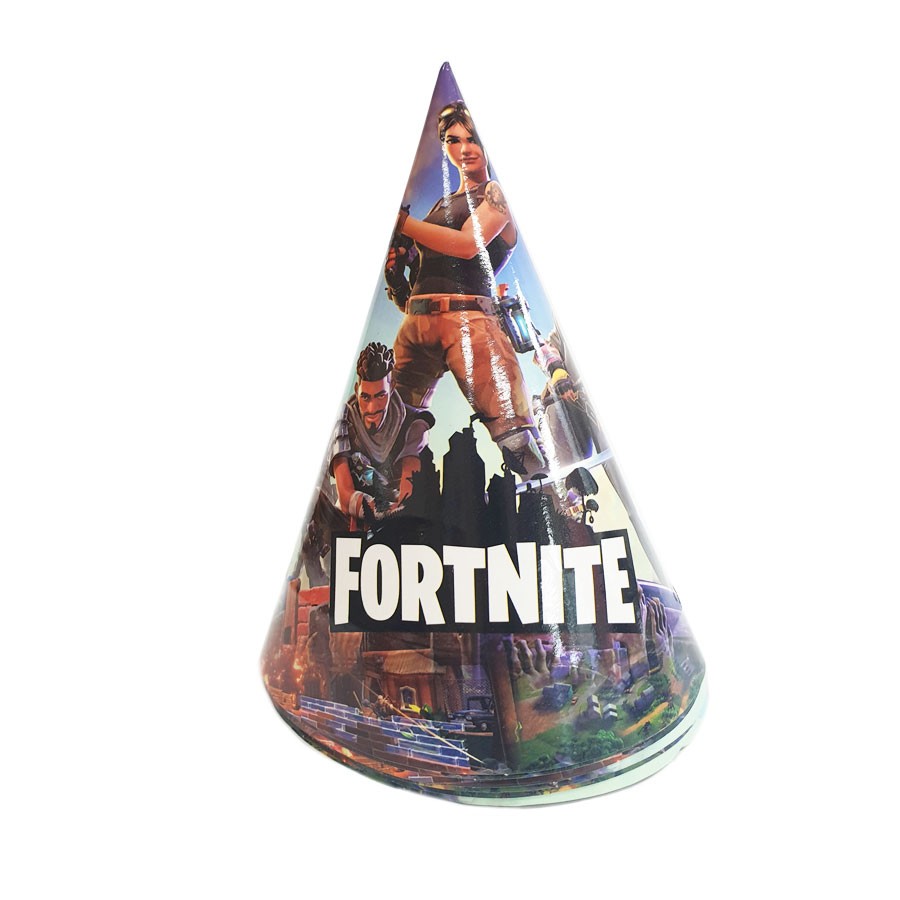 Everyone at the party has to put on a Fortnite cone hat to pledge their loyalty to the gamer's clan!