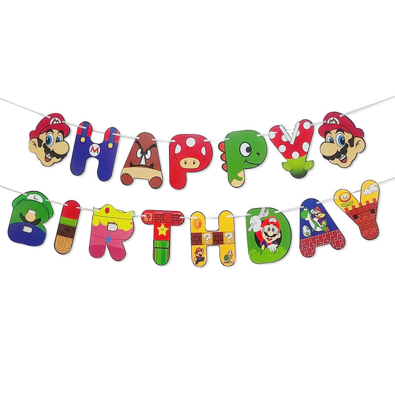 Fun and colourful Super Mario Happy Birthday Banner for the cake cutting backdrop.